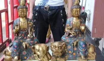 

19 Buddhism Bronze Cloisonne Foo Dog Lion Manjusri Kwan-yin Samantabhadra Statue