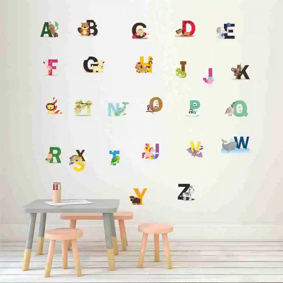 1 مجموعة الكرتون الحيوان 26 رسائل الأبجدية ملصقات على الحائط للأطفال غرف الحضانة غرفة اللون ديكور الأطفال صائق الفن الجداريات