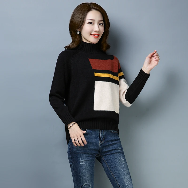 Best Price 2XL 3 Colors Brand Sweater Fall Winter Women Sweater New Geometric Patterns Short Sweater Loose Wild Bottoming Sweater Pullovers
