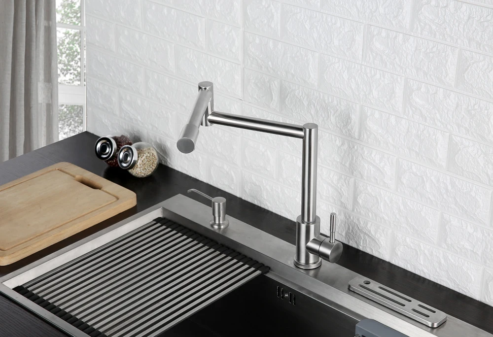 Folding Kitchen Faucet Stretchable Swing Arm Brushed  Single Hole Single Handle Deck Mounted Cold & Hot Kitchen Sink Faucet  (5)