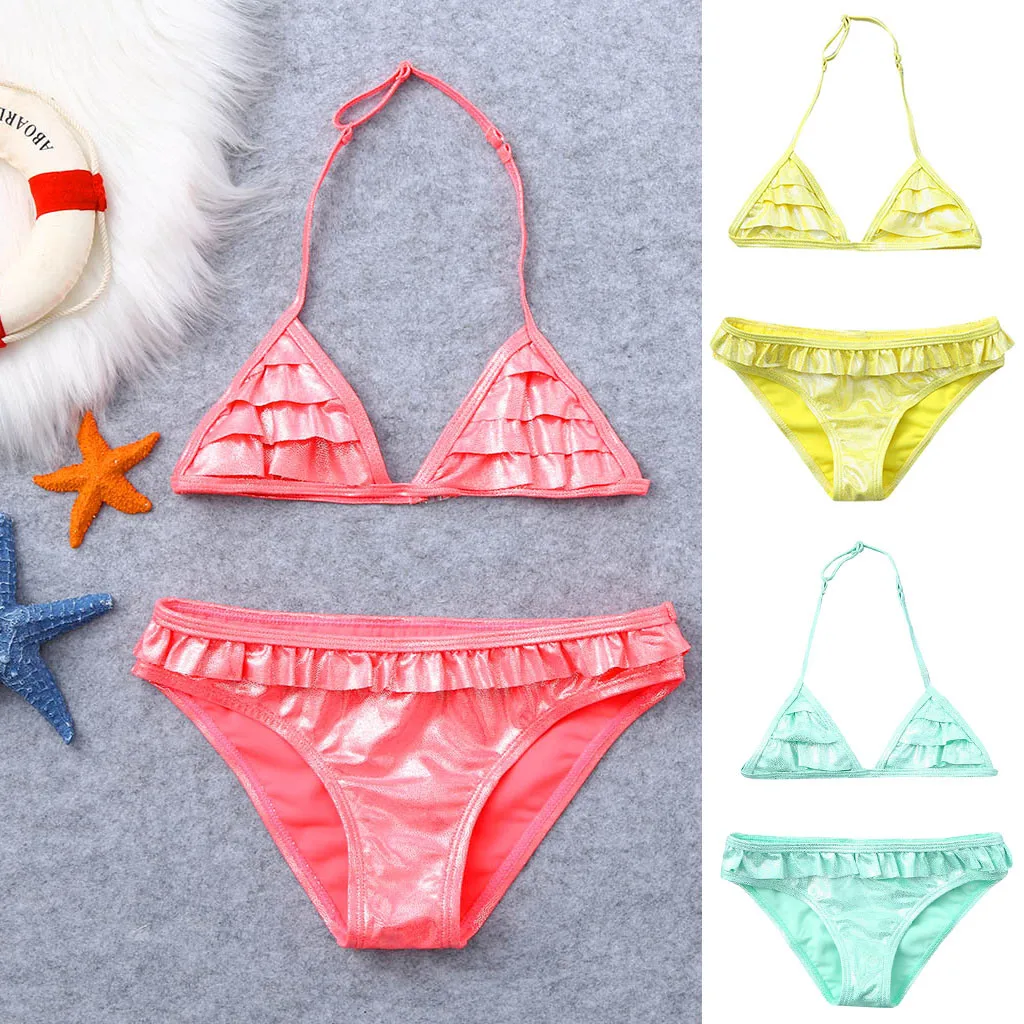 Girls Swimwear New Fashion Toddler Kids Girls Ruffles Solid Sparkle Summer Swimsuit Bikini Outfits Baby Girl Swimwear#40