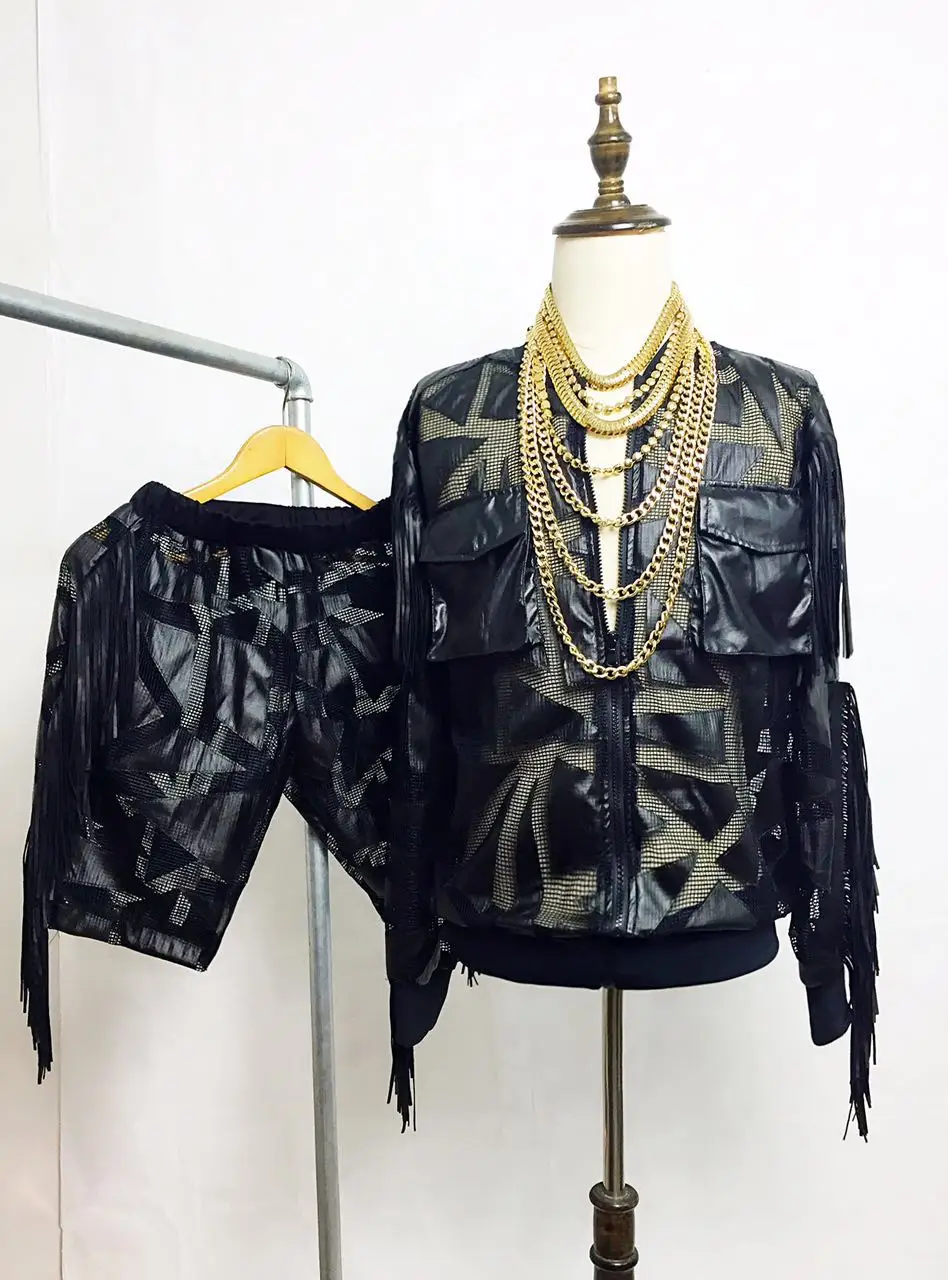 

original design personality Tassel Leather rock style performance set Nightclub male singer leather jacket casual set