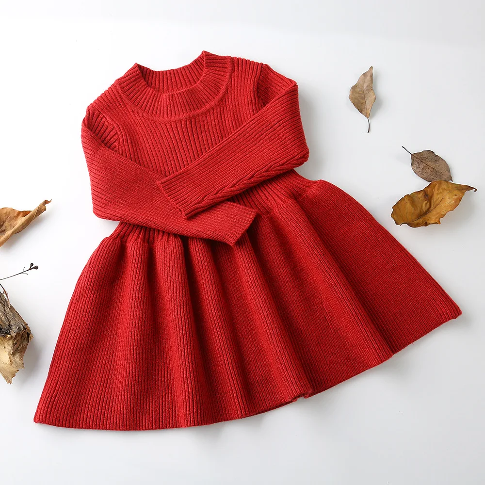 Осенне-зимнее платье для девочек, теплое шерстяное вязаное платье-свитер, модные платья для маленьких девочек, детская одежда, RT268