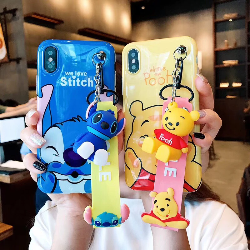 

maosenguoji cute Cartoon Bracket doll Hand Strap Pooh Stitch fashion Mobile Phone Case for iphone 6s 6plus 7 8 plus X XR XS MAX