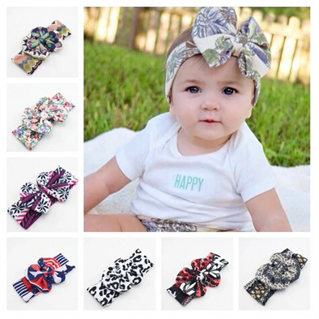 New Baby Girl Tie Knot Bow Headband Elastic Printing Knitted Cotton