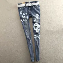 new 2016 Arrival big size Fashion Denim Skinny Pencil Pants Blue jeans woman Skull jeans