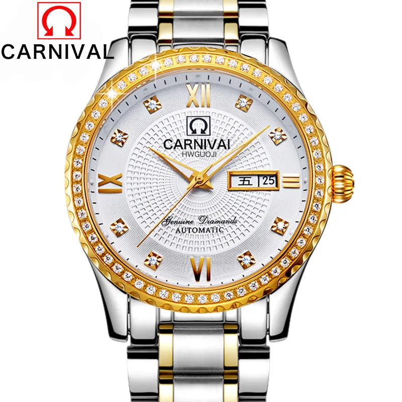 

New Men's Fashion Carnival Calendar Watch Rhinestone Automatic Mechanical Watches Full Steel Leather Waterproof Wristwatch Clock