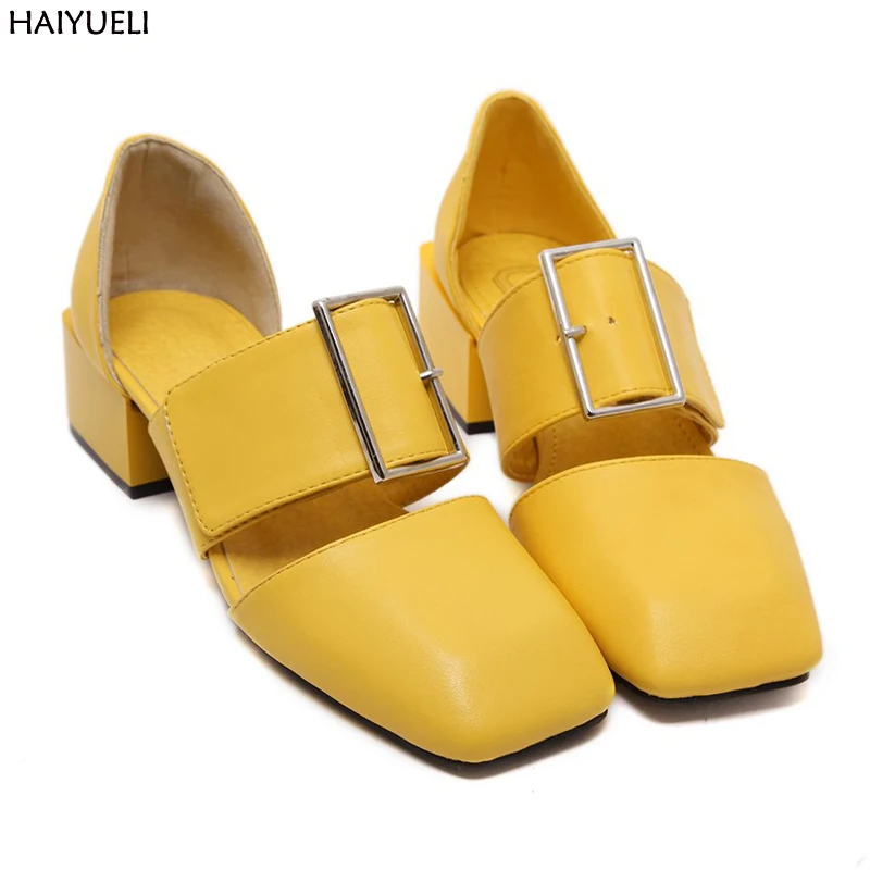 

HAIYUELI Ladies shoes Square buckle Low heeled shoes vogue Square head closed toed sandals gladiator WOMEN's sandals Thick heels