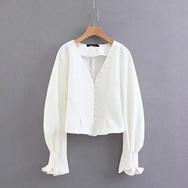 أزياء أنيقة واحدة الصدر الخامس الرقبة قميص نسائي فانوس الأكمام الأبيض قميص قميص الخريف 2019 الأزياء الفرنسية قميص نسائي