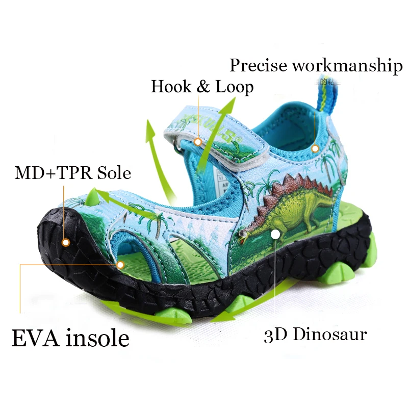 DINOSOLES/детские сандалии для мальчиков; обувь для мальчиков; коллекция года; летние сандалии с 3D рисунком динозавра; детская пляжная обувь; сандалии; размеры 27-34; сандалии для малышей