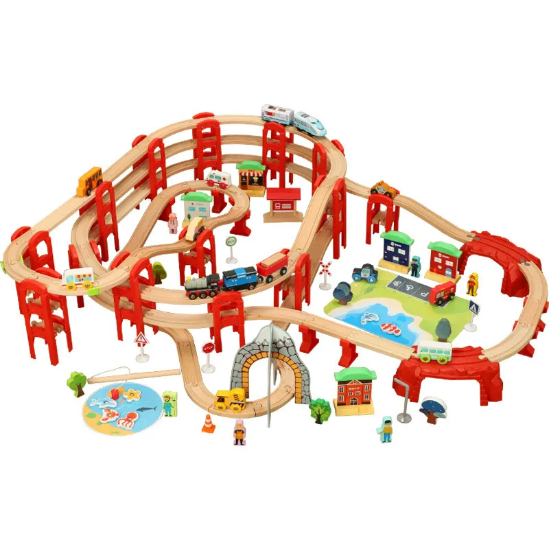 Деревянный литой поезд, игрушечное кольцо, многослойный деревянный трек, набор игрушек, совместимый с другими брендами деревянных дорожек, поезд Брио - Цвет: Wooden Track Set
