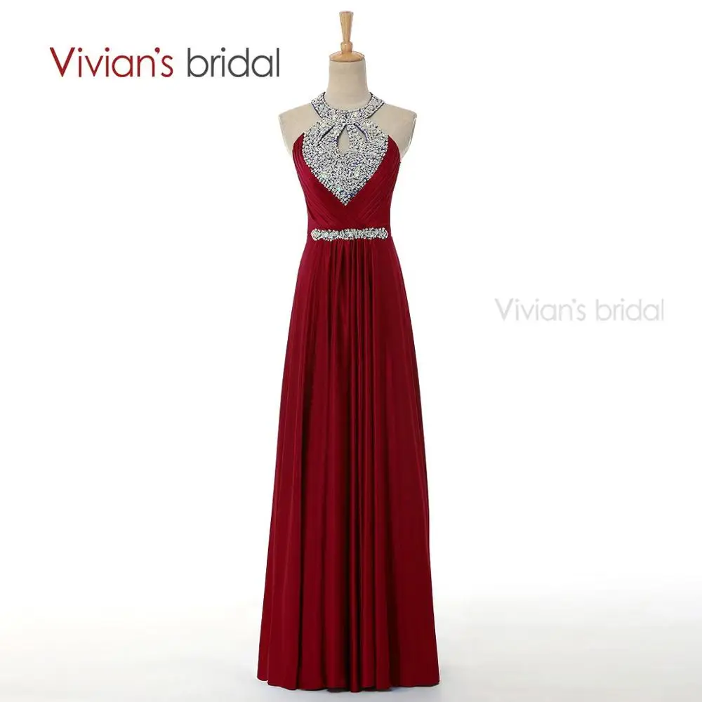 Vivian's Bridal A Line вечернее платье длинное Бисероплетение Кристалл Холтер атласное Формальное вечернее платье ED8010 - Цвет: Burgendy