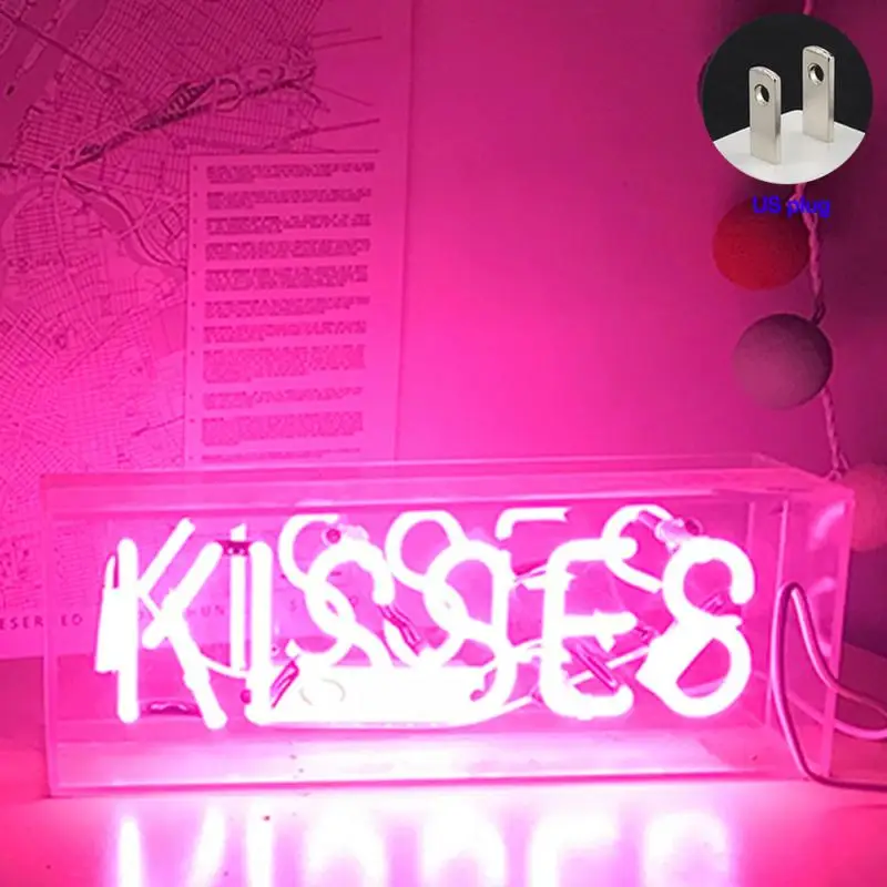 Desktop Neon Lamp Lounge Welcome Bar Hello Kisses yellow/pink light Indoor club bedroom wedding decor Neon Lights US Plug lamp - Испускаемый цвет: Clear Box    PINK