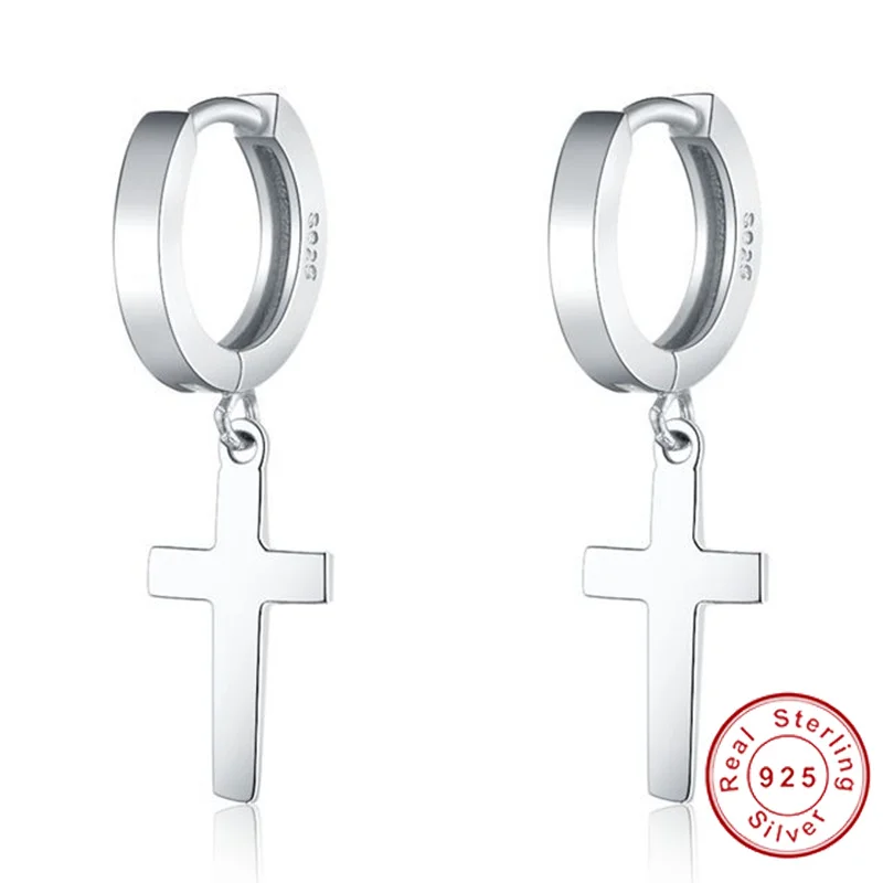 

925 Sterling Silver Small Hoop Earrings With Cross Dangle, Nice Silver Brincos Earrings Circle For Womens & Men, Free Shipping
