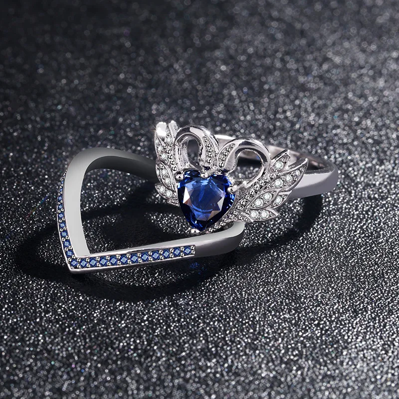 

Fashion Swan Two-piece Ring Lady Round Finger Silver Heart Shape Crystal CZ Engagement Jewelry Fashion Love Ring Set Ring