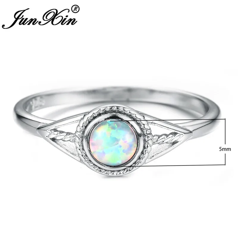 JUNXIN 925 Sterling Silver Filled Purple/Blue/White Fire Opal Rings For Women Round Birthstone Rainbow Evil Eye Wedding Ring