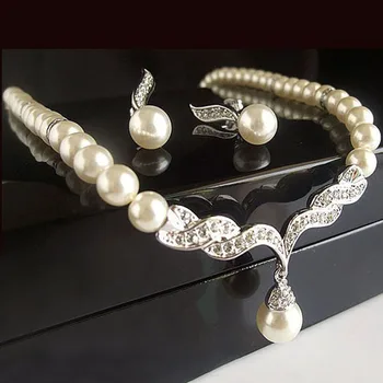 

Bridal Angel Wings Faux Pearls Necklace Studs Earrings Jewelry Set for Wedding A89U