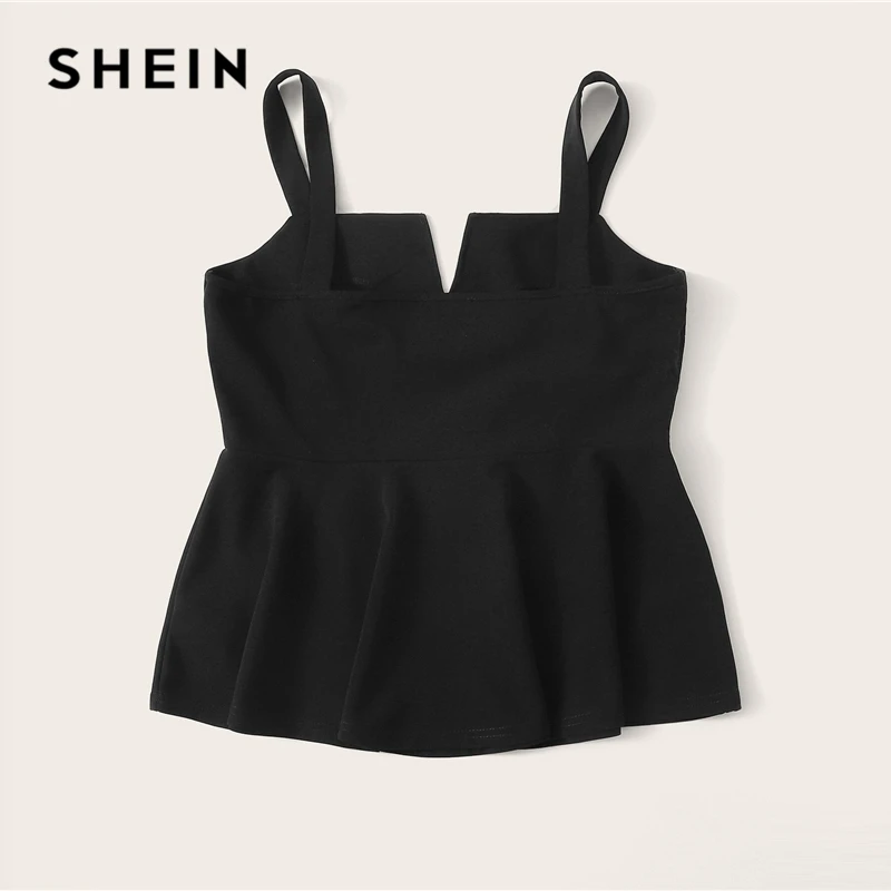 SHEIN زائد حجم أسود V-قطع الرقبة Peplum أعلى النساء 2019 الصيف أنيقة كشكش تنحنح سترة بروتيل مثير الصلبة كاميس قمم سترة