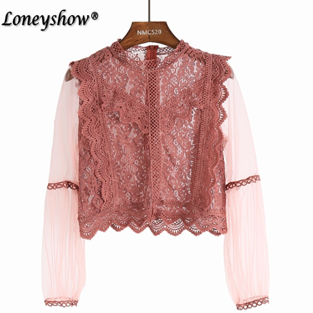 Achat Designer Shirts pour Femmes Top Marque Rose Noir Dentelle Chemisier Élégant Support Col Transparent Dentelle Top À Manches Longues Blouse