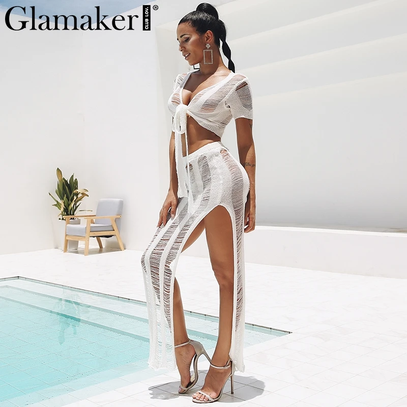 Женское пляжное платье двойка Glamaker длинное прозрачное Открытое с бантом и