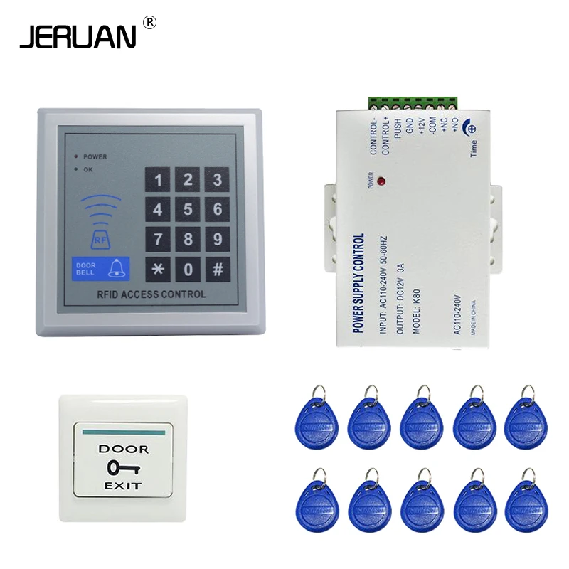 

JERUAN Cheap! Brand NEW Rfid Door Access Control System + Power Supply Controller + Rfid Keypad + Exit Button IN STOCK