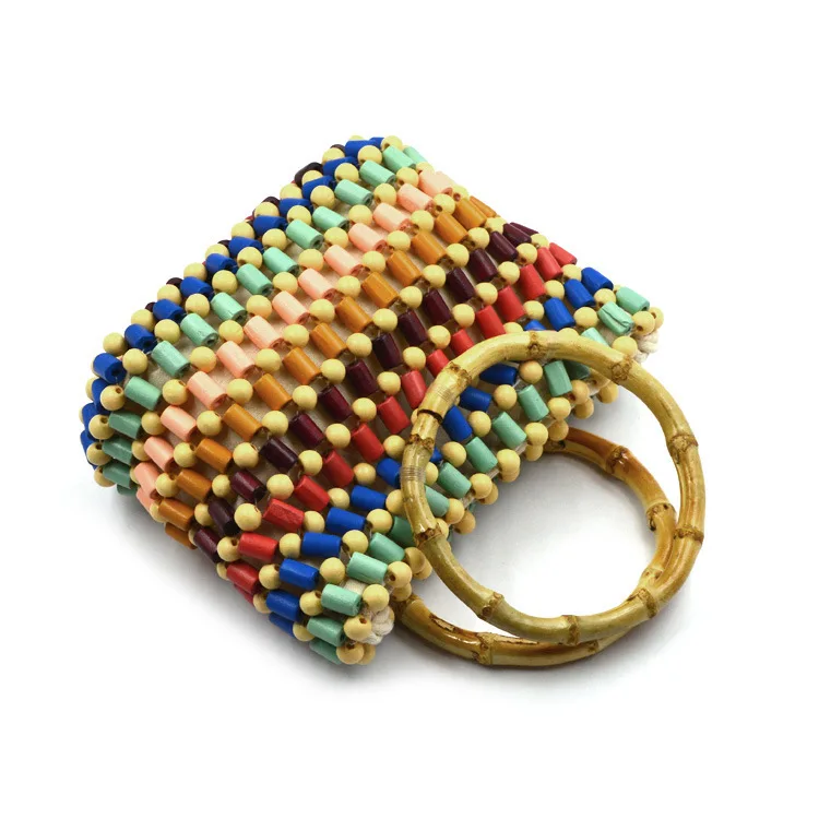 

Caker brand 2019 Girls bamboo beaded handbags fashion Circle ring Kids shoulger bags Summer Casual Beach Bags Wholesale