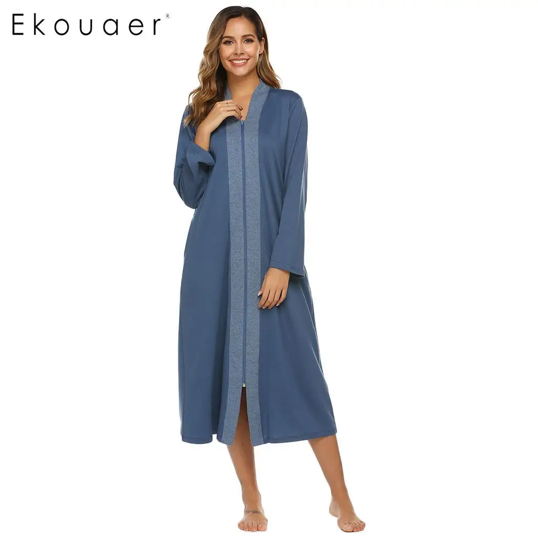 Ekouaer Women Sleepwear Long Robe V-Neck Long Sleeve Dressing Gown Solid Zipper Loose Bathrobe Spa Bathroom Robes Homewear