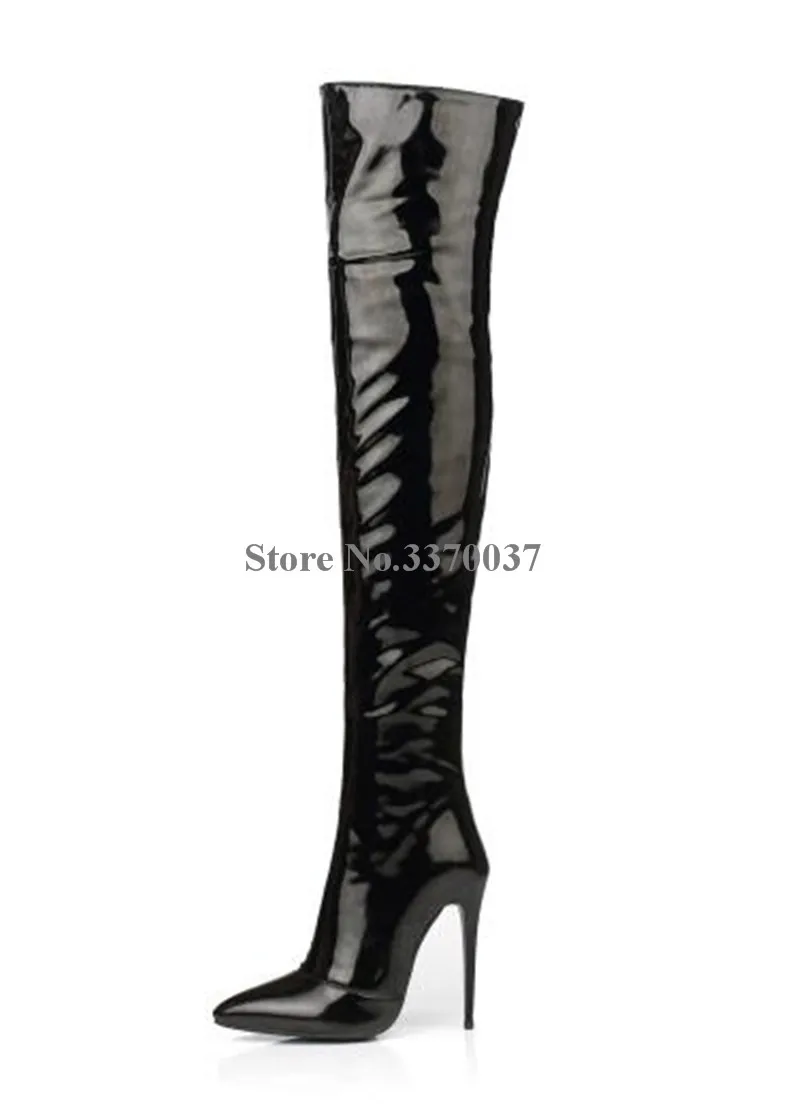 Rojo Sobre Estilo Mujeres Negro Tacón Largo Botas Marca Cuero De Sexy Punta Delgado Charol Negro rojo Diseño La En Fino Espejo Rodilla 0ZAWqpng