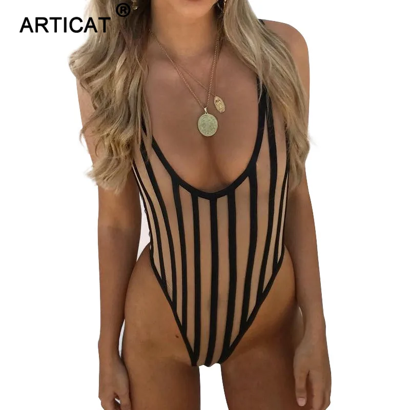 Articat Striped Mesh Sexy Bodysuit Women Sleeveless V Neck Summer Slim Rompers Womens Jumpsuit Black Casual Playsuit Women Tops