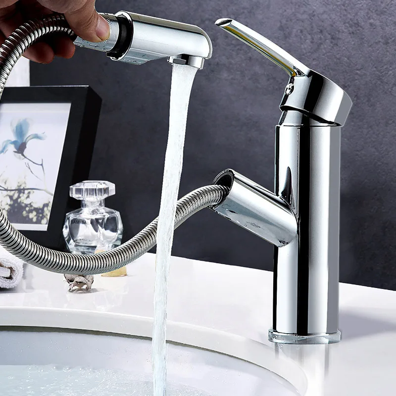 

Copper bathroom pull out faucet face basin cold and hot water retractable rotary bathroom cabinet pull faucet