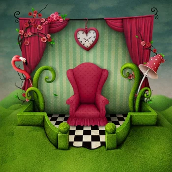 

Laeacco Dreamy Grass Armchair Curtain Clock Cartoon Photography Backgrounds Customized Photographic Backdrops For Photo Studio