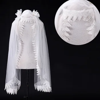 

JaneVini Romantic Bridal Veil Ivory Muslim Church One Layer Lace Applique Edge Tulle Ivory Short Bridal Veil Wedding Accessories