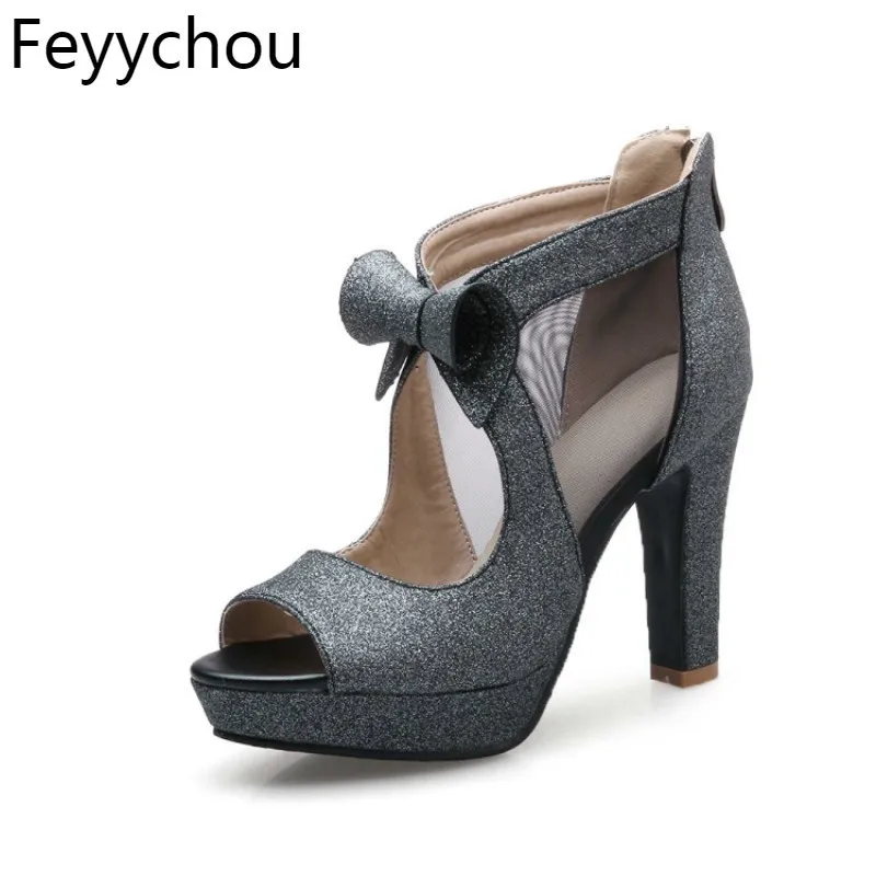 

Women Shoes High Heels Platform Shoes Bow Peep Toe Ladies Pumps Sexy High Heel Party Shoes Silver Size 34-43 Sapatos Femininos