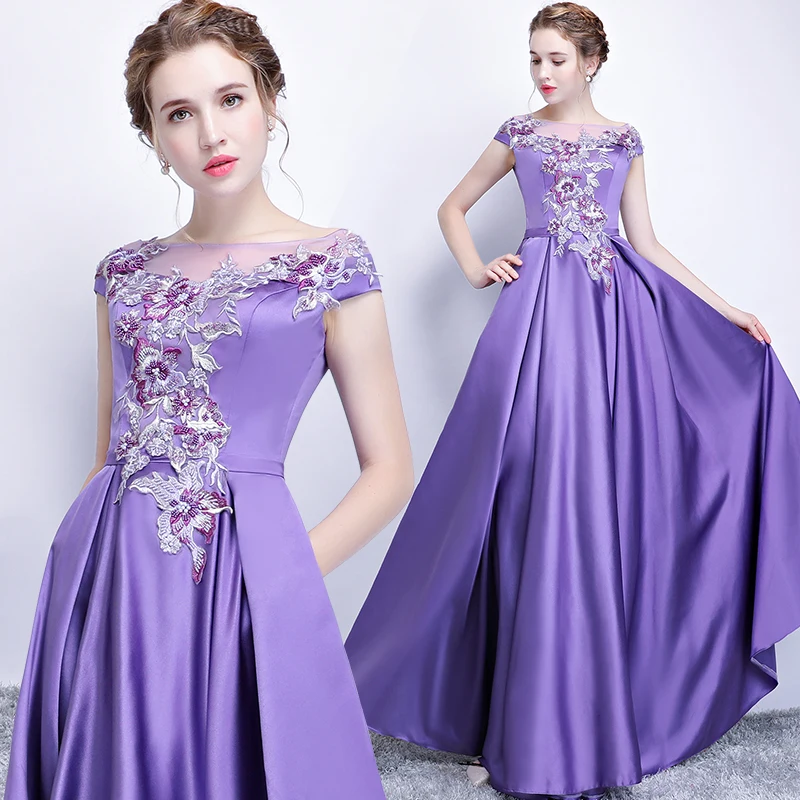 SSYFashion, новинка, Фиолетовое Атласное Вечернее платье с цветами, для невесты, банкета, элегантные, с аппликацией, длиной до пола, вечерние платья, на заказ