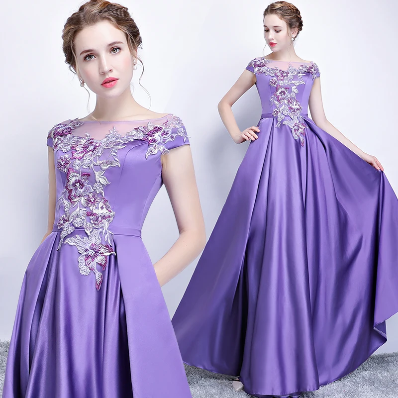 Женское атласное вечернее платье SSYFashion фиолетовое банкетное элегантное до пола