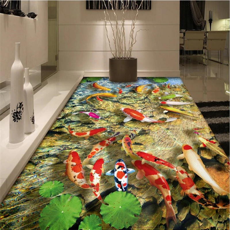 

beibehang Lotus carp self-adhesive Photo Floor Wallpaper roll 3D Hotel Bathroom Mural PVC Wall paper Waterproof Floor Wall paper