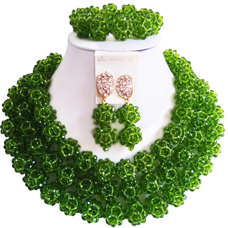 

Trendy Best-selling Olive Green Color African Design Crystal Beads Ladies Necklace Earrings Set for Party and Daily 3C-SJDS-11
