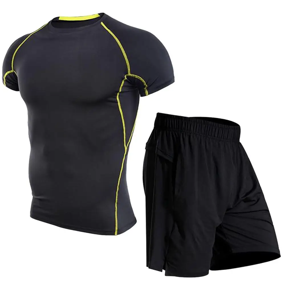Мужские шорты для фитнеса, набор футболок, топы, брюки, костюм, мускула, бодибилдинг, спорт, кожа, пэчворк, горячая вязка, обтягивающие, прямые поставки#0717 - Цвет: YE