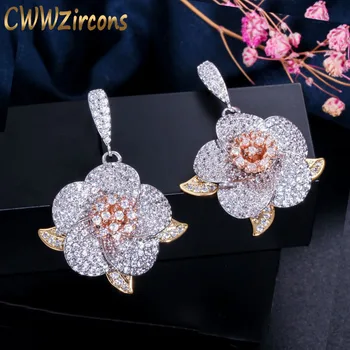 

CWWZircons Art Deco 3 Tones Gold Cubic Zirconia Big Geometric Flower Dangle Earrings for Women Luxury Brand Jewelry Gift CZ448