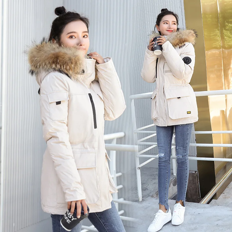 Goede Vrouwen 2018 Winter Jas Nieuwe Mode Grote Bontkraag Katoen Multi pocket Taille Dunne Katoenen Jas Parka