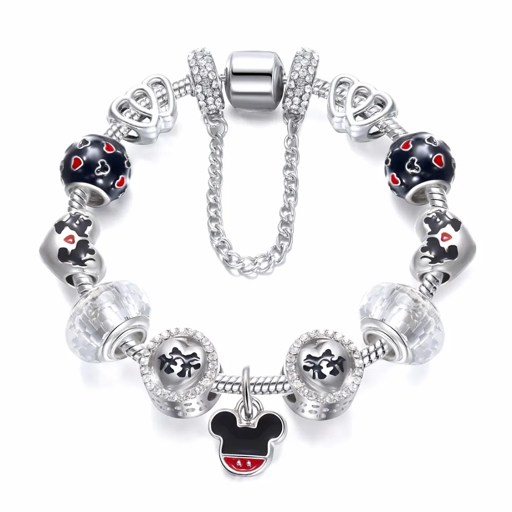 Mickey Austrian crystal Charm Beads Bracelets For Women Silver European
