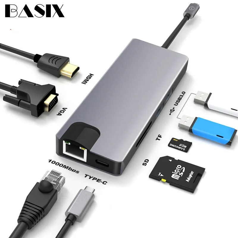 USB концентратор Basix Type C для кабеля HDMI VGA Gigabit Ethernet Lan RJ45 адаптер Macbook Pro 2018 3 0 PD