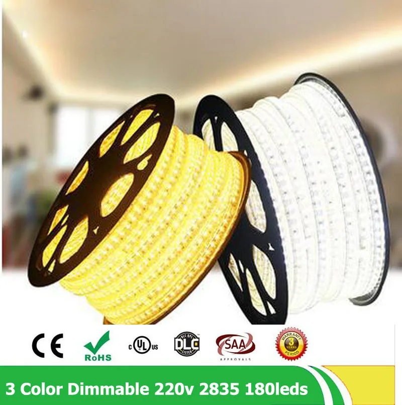 

50m/lot 2835SMD 220v Tira Fita Led Strip Light Waterproof Double Row 180led 220v 240V Dimmable Flexible Led Strip 3 Color Change