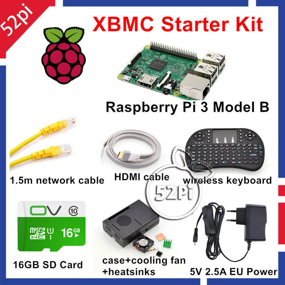 

52Pi Raspberry Pi 3 Model B XBMC KODI OSMC Starter Kit with 16GB SD Card Wireless Keyboard 5V 2.5A EU/US/UK/AU Power Supply