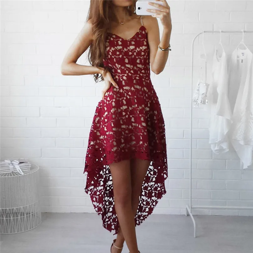 

Women Dress 2017 New Fashion Women's Floral Lace SleeveLess V-Neck Cocktail Formal Swing Irregular Dress 2 Color Mar 14
