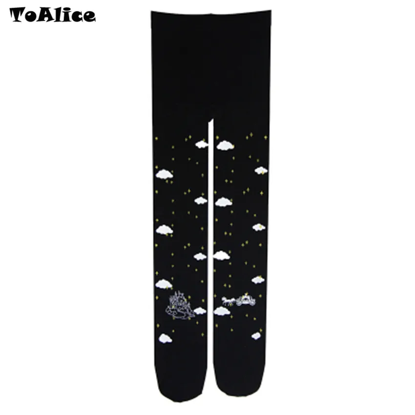 Kawaii Лолита Чулки небо карета замок облака печатных женские бархатные колготки Harajuku Mori носки для девочек 120D 5 цветов - Цвет: Black