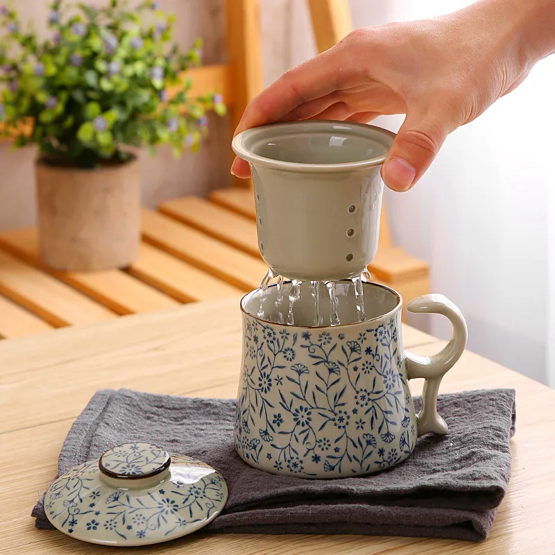 

Chip tea cup Hand Painted Retro porcelain Personal cup with cover With filtered tea leaks Tea Office cups