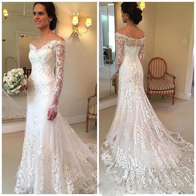 princess-lace-off-shoulder-wedding-dresses-sheer-long-sleeves-mermaid-bridal-gowns-back-covered-buttons-sweep-train-wedding-vestidos (2)_