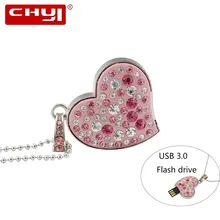 Chyi USB 3.0 Flash Drive Розовый кристалл «любящее сердце» 8 ГБ 16 ГБ флешки 32 ГБ 64 ГБ Ручка Привода Памяти stick USB флэш-диск с ожерельем