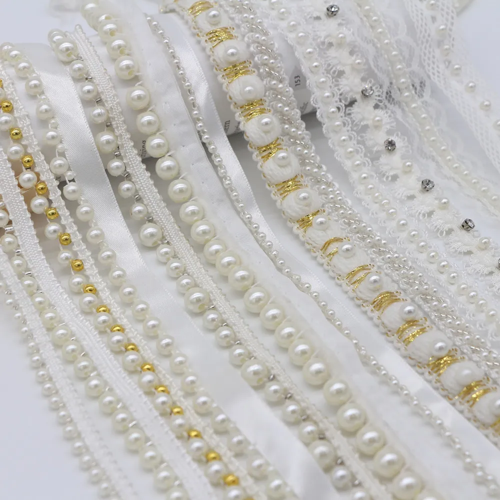 

2Yards Pearl Beaded Lace Trim Tape Black White Lace Ribbon African Lace Fabric Collar Dress Sewing Garment Headdress Material